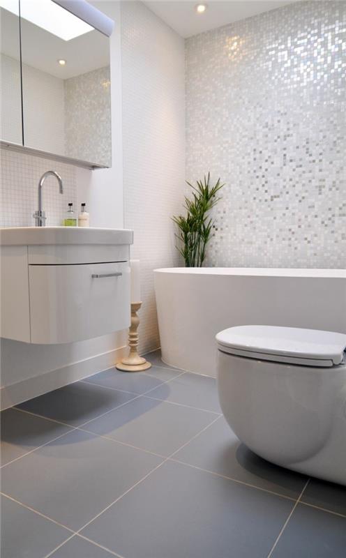 ιδέες διακόσμησης μπάνιου φυτά λευκά έπιπλα γκρι πλακάκια δαπέδου