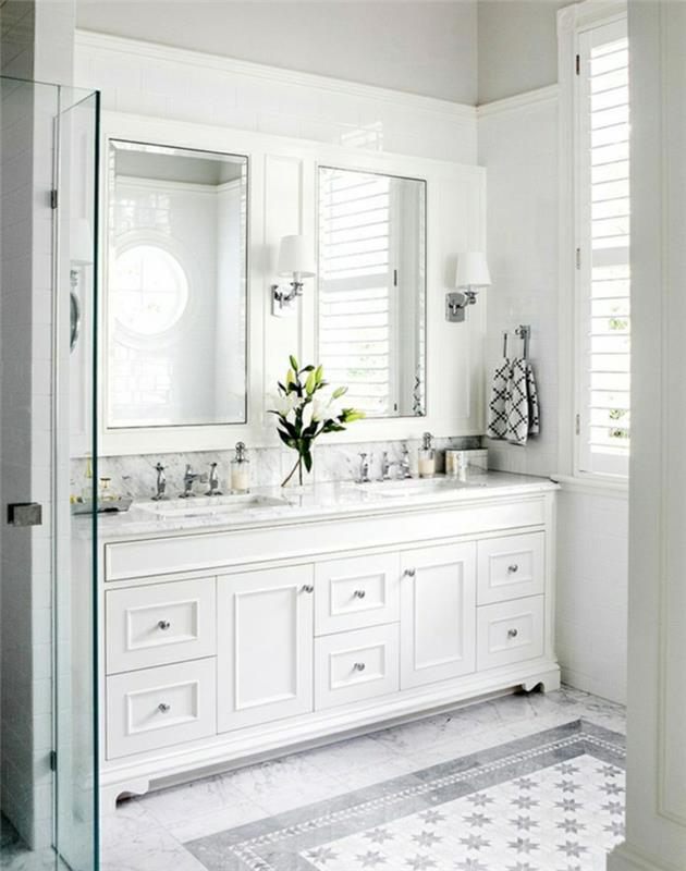 ιδέες διακόσμησης μπάνιου λευκά έπιπλα μπάνιου φυτά φωτεινά πλακάκια μπάνιου