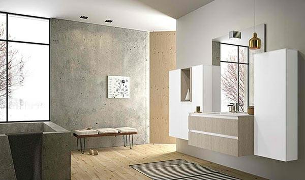μπάνιο σκυρόδεμα εμφάνιση ξύλινο πάτωμα έπιπλα μπάνιου ντουλάπια τοίχου καθρέφτη