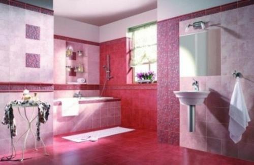 έπιπλα σχεδιασμού μπάνιου γυναικεία μπανιέρα ροζ κεραμίδι καθρέφτη