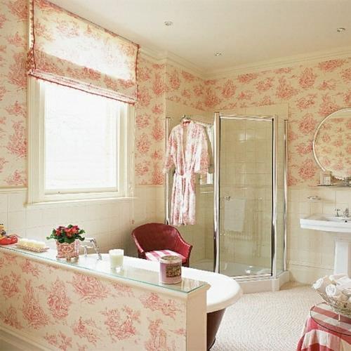 έπιπλα σχεδιασμού μπάνιου γυναικεία ταπετσαρία τοίχου ροζ μοτίβο