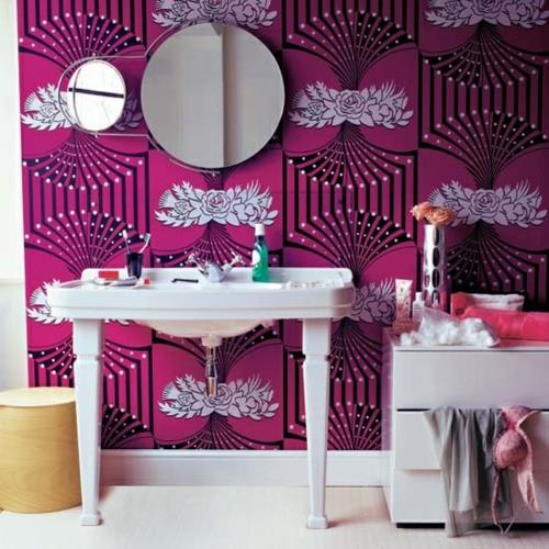 έπιπλα σχεδιασμού μπάνιου γυναικεία τοιχογραφία ταπετσαρία μοβ μοτίβο