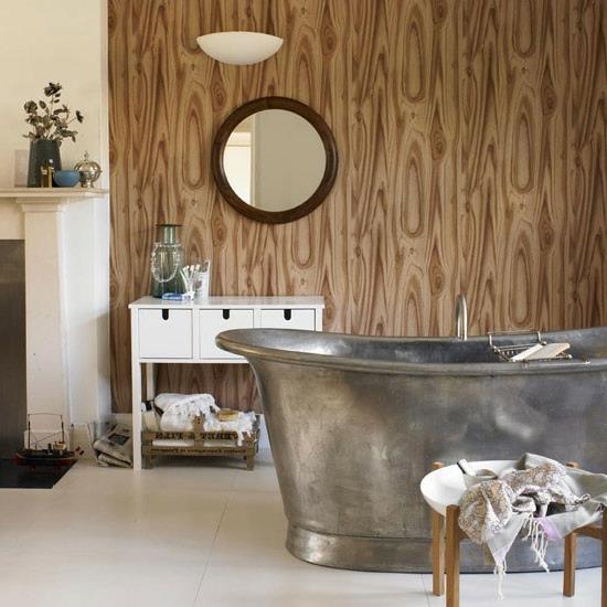μπάνιο ξύλινο σχέδιο τοίχου στρογγυλό καθρέφτη τοίχου