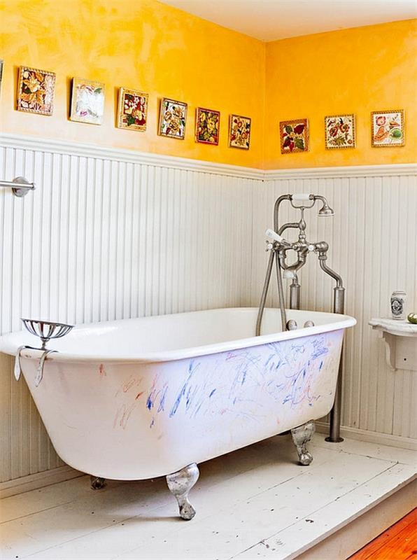 ιδέες μπάνιου στυλ οικογενειακό σπίτι κίτρινο τοίχο σχεδιασμός τέχνης τοίχου