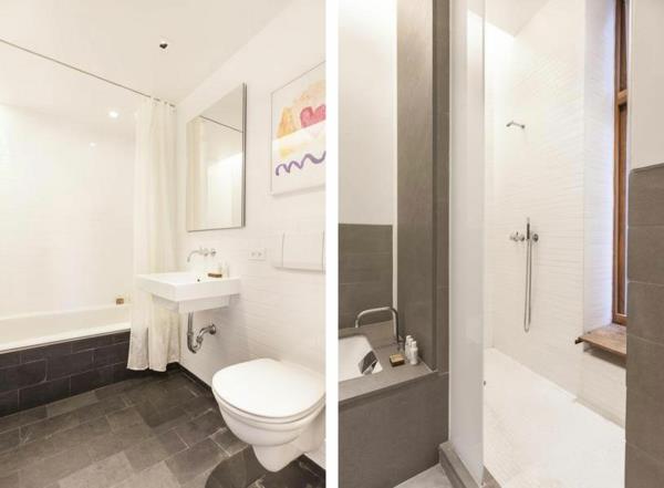 μπάνιο μαύρα λευκά πλακάκια συμπαγές παραδοσιακό διαμέρισμα Νέα Υόρκη