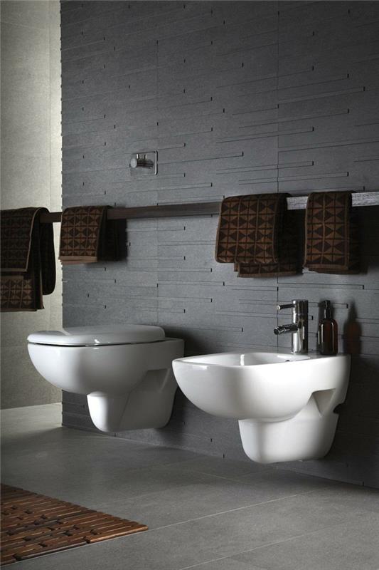 πλακάκια μπάνιου γκρι μοντέρνες καφέ πετσέτες ιδέες μπάνιου