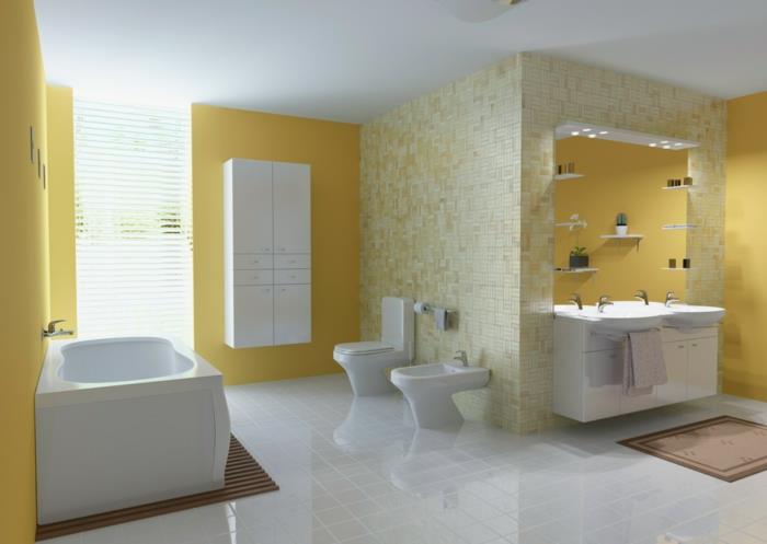 πλακάκια μπάνιου ψηφιδωτά πλακάκια λευκά πλακάκια δαπέδου κίτρινοι τοίχοι λευκά είδη υγιεινής