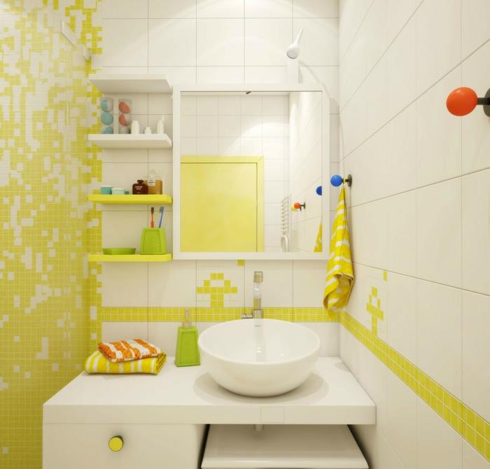 πλακάκια μπάνιου λευκά κίτρινα ψηφιδωτά πλακάκια ανοιχτά ράφια τοίχου