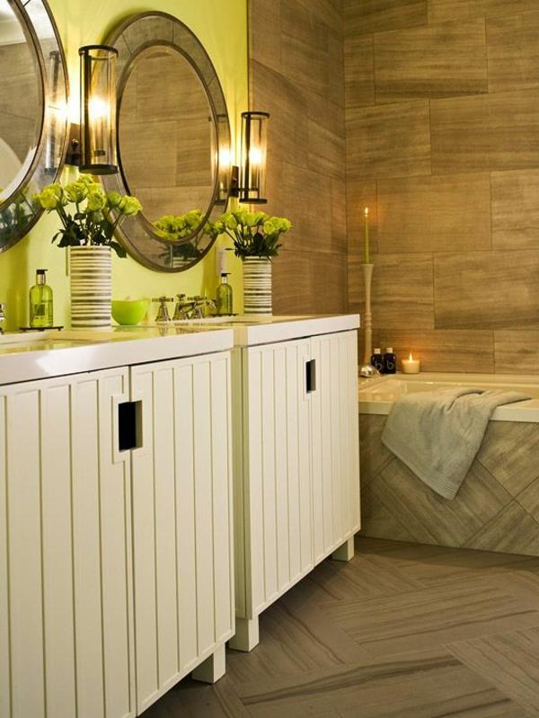 ιδέες σχεδιασμού μπάνιου καλοκαιρινά χρώματα στρογγυλά καθρέφτη έπιπλα μπάνιου