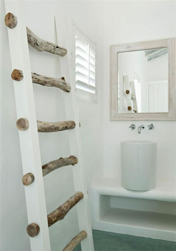 ιδέες σχεδιασμού μπάνιου ρουστίκ πετσέτα σκάλα ξύλινο νεροχύτη τραπέζι