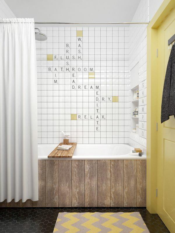 Σχεδιασμός μπάνιου με κεραμίδια πλακάκια τοίχου μοτίβα γράμματα