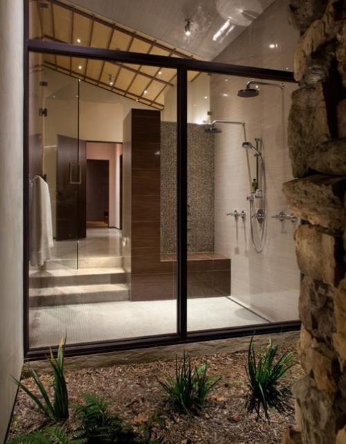 μπάνιο σχεδιασμός πέτρινο πάτωμα και φυτά