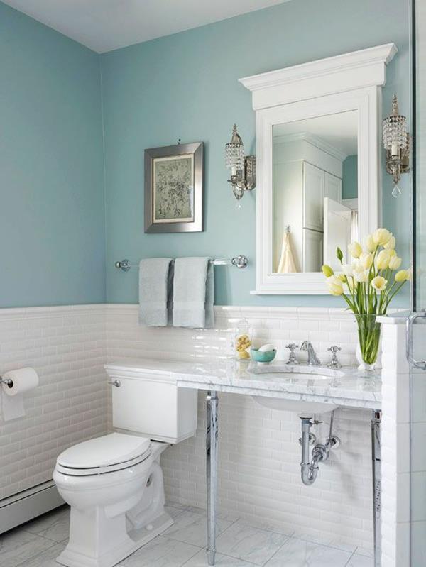 πλακάκια μπάνιου χρώμα κεραμίδι λευκό χρώμα τοίχου μπλε επιπλώνοντας ένα μικρό μπάνιο