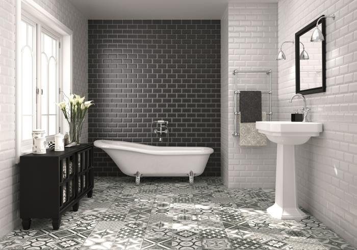 ιδέες για πλακάκια μπάνιου μαύρα λευκά πλακάκια τοίχου όμορφα φυτά δαπέδου