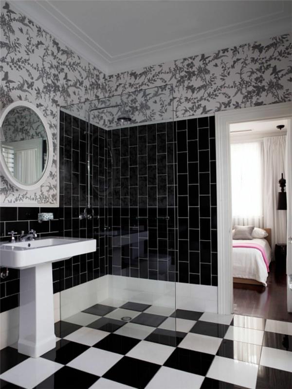 πλακάκια μπάνιου μαύρα πλακάκια τοίχου ταπετσαρία τοίχου στρογγυλός καθρέφτης τοίχου