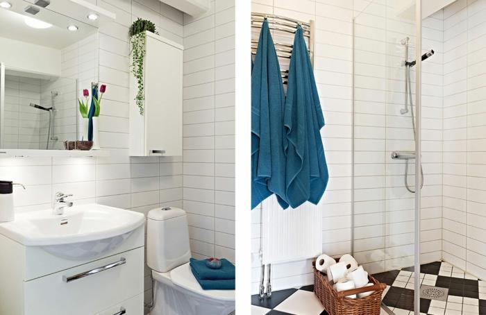 πλακάκια μπάνιου λευκά πλακάκια τοίχου μπλε πετσέτες τόνων