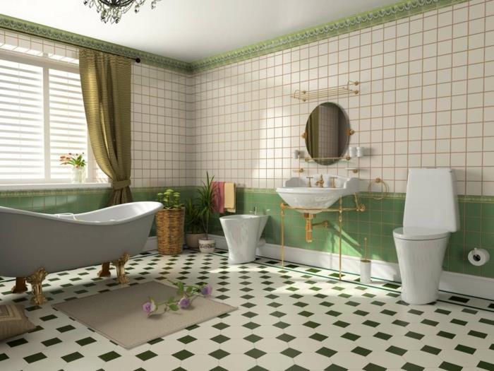 ιδέες μπάνιου πλακάκια μπάνιου πράσινα λευκά αδιαφανή κουρτίνες φυτά