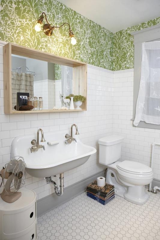 ιδέες μπάνιου πλακάκια δαπέδου τοίχο ταπετσαρία ράφι