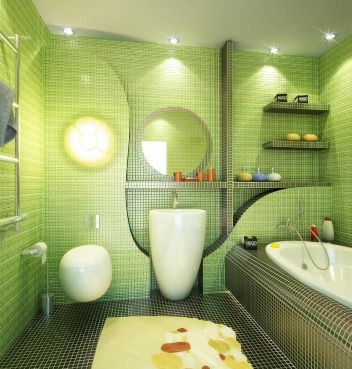 ιδέες μπάνιου πράσινα πλακάκια μπάνιου ψηφιδωτά πλακάκια ανοιχτά ράφια