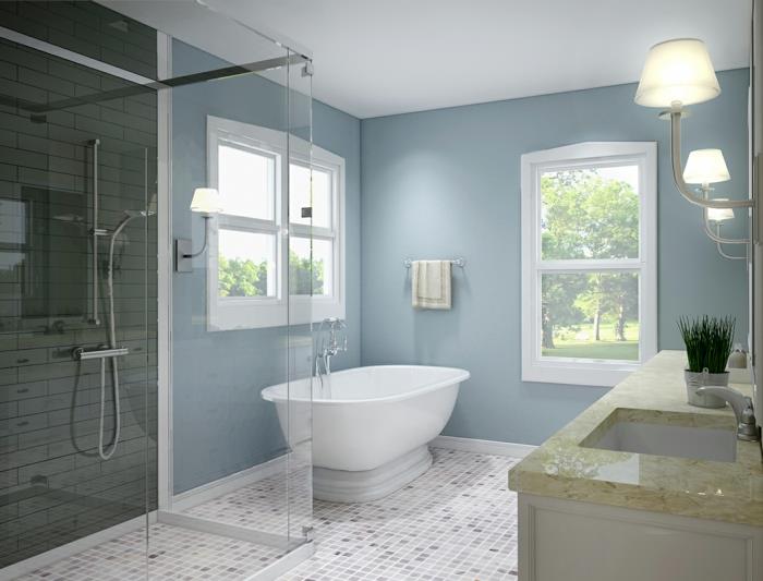 ιδέες μπάνιου μικρά δωμάτια ψηφιδωτά πλακάκια δάπεδο ανοιχτό μπλε χρώμα τοίχου ντους