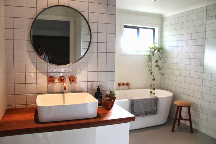 ιδέες μπάνιου λευκά πλακάκια μπάνιου στρογγυλά τοίχα φυτά καθρέφτη