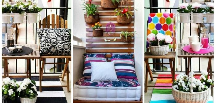 διακόσμηση μπαλκόνι πολύχρωμα υφάσματα χαλιά κουβέρτες