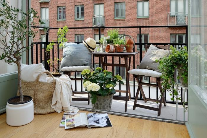 Δημιουργήστε ένα μπαλκόνι μπαλκόνι πτυσσόμενες καρέκλες τραπέζι λουλούδια γλάστρες πλεκτές γλάστρες ελιάς ορτανσίες
