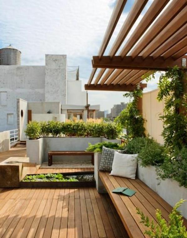 ξύλινα έπιπλα μπαλκόνι φυτά στέγη βεράντα σχεδιασμός