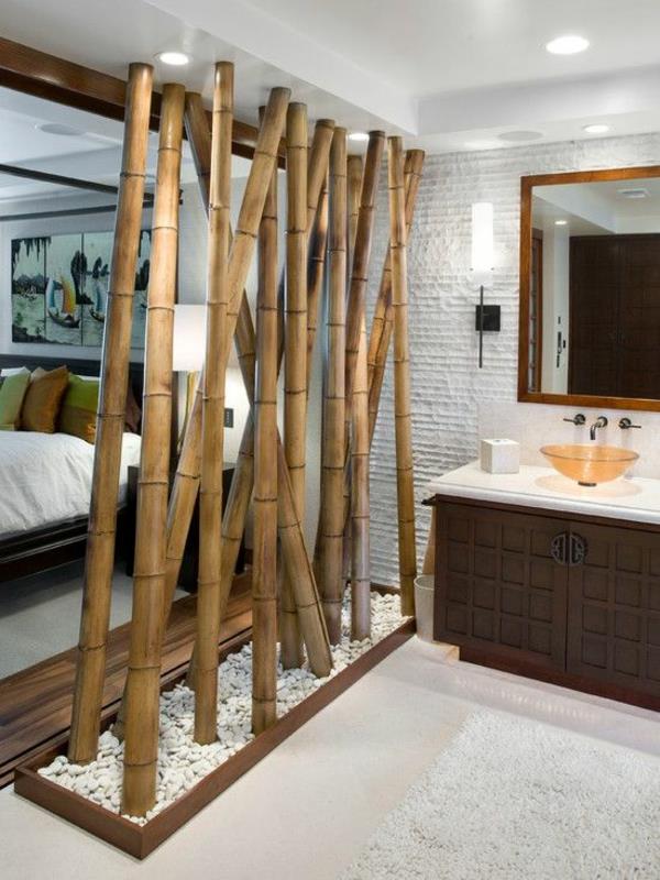 έπιπλα μπάνιου από μπαμπού ασιατικό στυλ χωρίσματα τοίχου υπνοδωμάτιο μπάνιο βότσαλα