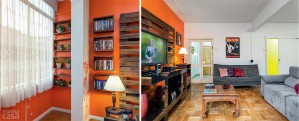 κατασκευή με παλέτες τηλεόραση μονάδα τοίχου σαλόνι βαφή τοίχου πορτοκαλί ράφια τοίχου ξύλο