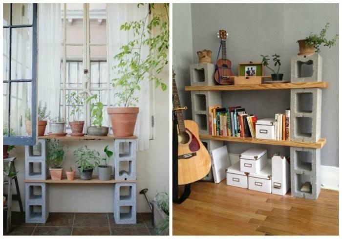 βιβλιοθήκες diy ιδέες τσιμεντένια μπλοκ ξύλινες σανίδες ανακύκλωση