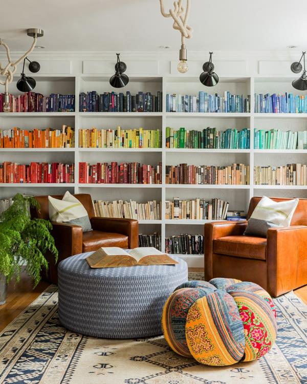 βιβλιοθήκες ξύλινη βιβλιοθήκη σπιτιού σαλόνι δερμάτινος καναπές επικαλυμμένα έπιπλα μαξιλάρια καθισμάτων