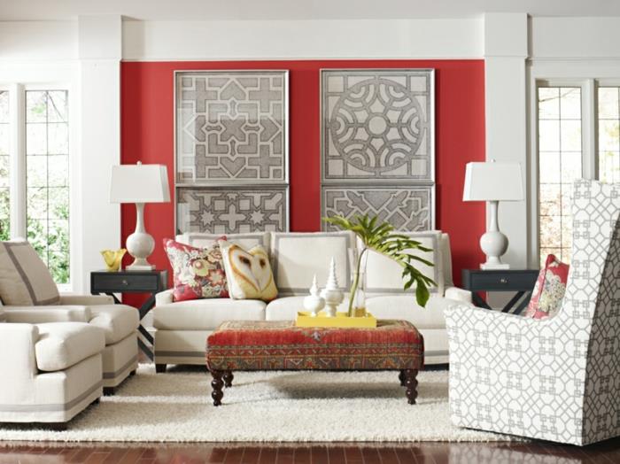 καλύτερα χρώματα τοίχων σαλόνι κόκκινο λευκό ιδέες σχεδιασμού τοίχου ανατολίτικες προφορές