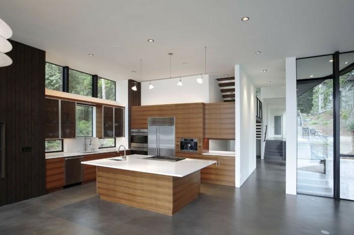 τσιμεντένιο πάτωμα μοντέρνα κουζίνα όμορφες ξύλινες υφές λευκές επιφάνειες