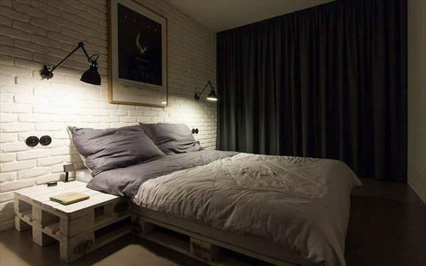 κρεβάτι τούβλο τοίχο λευκές παλέτες ευρώ χτίστε τον εαυτό σας κρεβατοκάμαρα