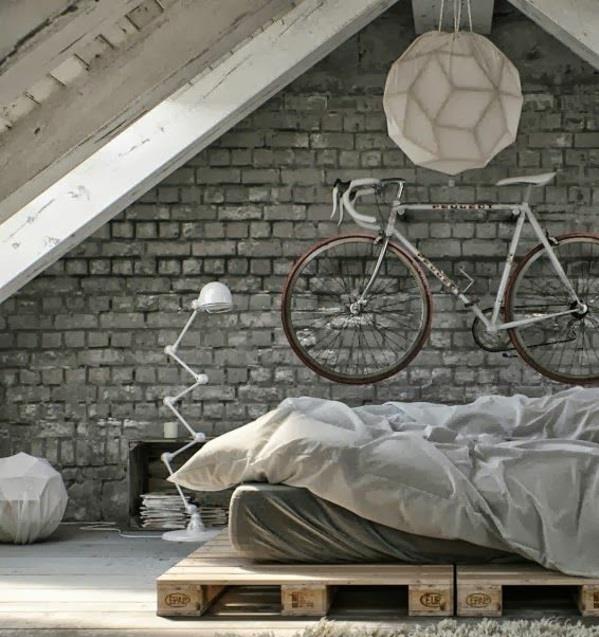 κρεβάτι από παλέτες κρεβατοκάμαρα σοφίτα έπιπλα τοίχο από τούβλα