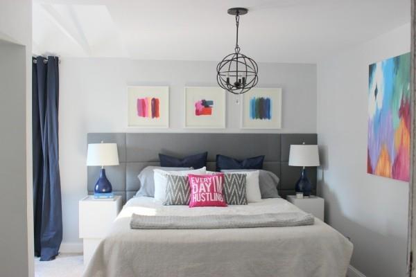 κρεβάτι κεφαλάρι γκρι κομψές χρωματιστές ιδέες διακόσμησης τοίχων