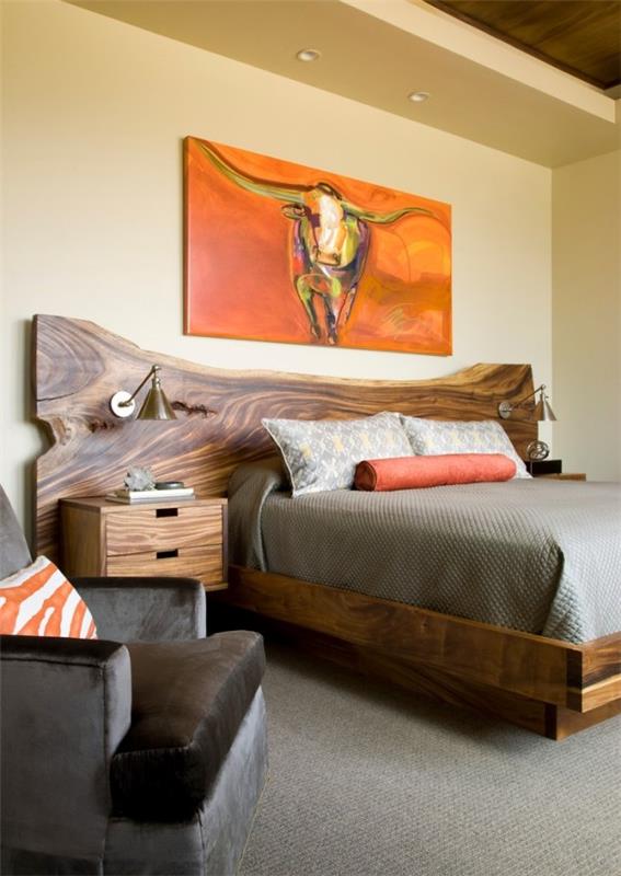 κρεβάτι κεφαλάρι από μασίφ ξύλο πορτοκαλί τόνους