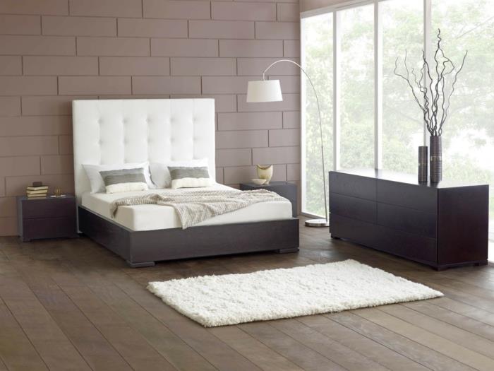 κρεβάτια σχεδιασμός κομψό κεφαλάρι λευκό χαλί ξύλινο πάτωμα