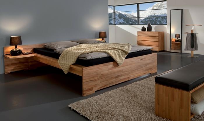 κρεβάτια σχεδιασμός κομψό ξύλο μπεζ χαλί μαύρο πάτωμα
