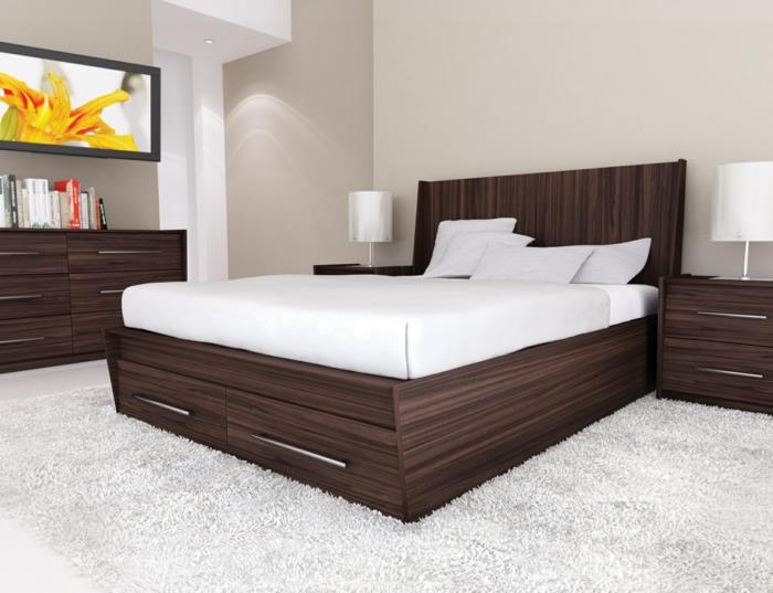 κρεβάτια σχεδιαστικά συρτάρια λευκή μοκέτα κρεβατοκάμαρα