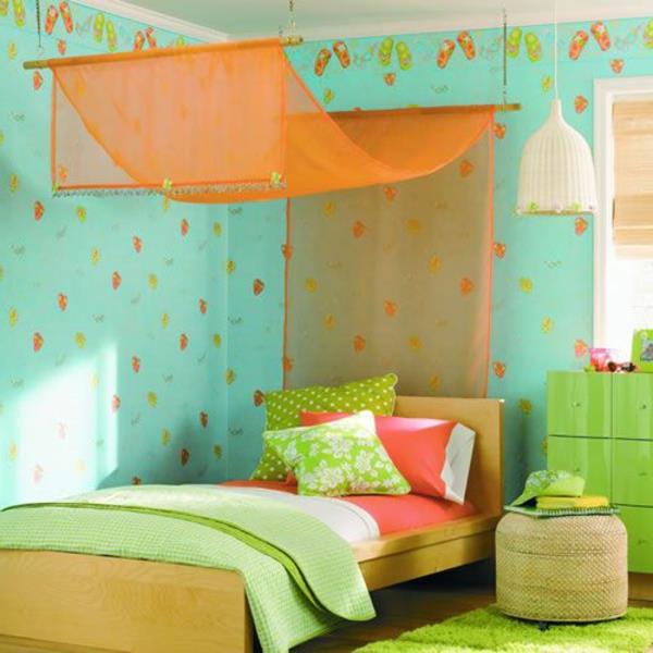 κρεβάτι θόλος πορτοκαλί φρέσκοι πράσινοι τοίχοι υπνοδωμάτιο