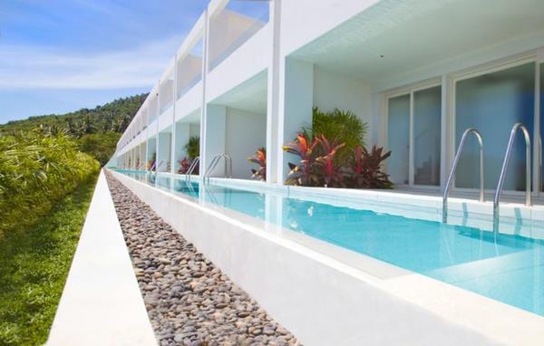 υπερσύγχρονη πισίνα εξοχικού σπιτιού στον κήπο λευκό