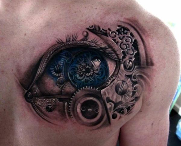 βιομηχανική τατουάζ άνδρες πίσω μπλε μάτι