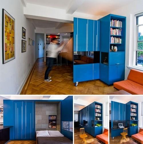 μπλε εσωτερική επίπλωση στούντιο διαμέρισμα