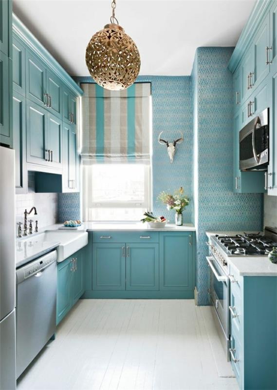 μπλε ταπετσαρία ιδέες επίπλωσης κουζίνας ιδέες χρώματος ανοιχτό μπλε μοτίβο ταπετσαρίας αφηρημένη
