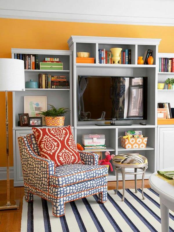 όμορφα χρώματα τοίχου σαλόνι πορτοκαλί πολυθρόνα χαλιού σαλονιού