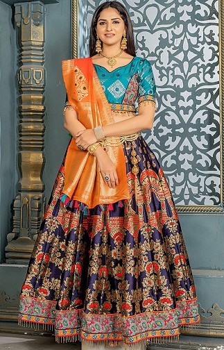 Mėlynas Banarasi šilkas Lehenga