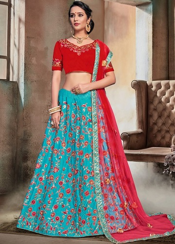 Raudona ir mėlyna Lehenga