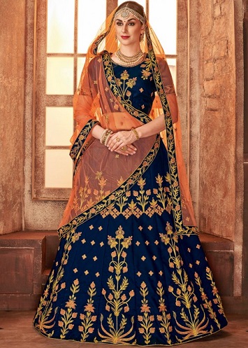 Oranžinė ir mėlyna Lehenga
